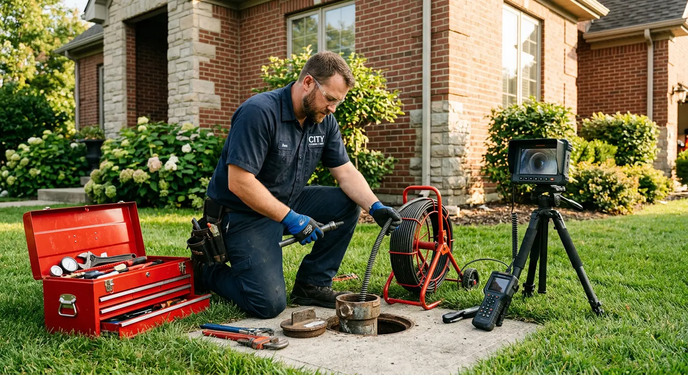 Sewer specialist with camera equipment servicing a cleanout in Bensenville