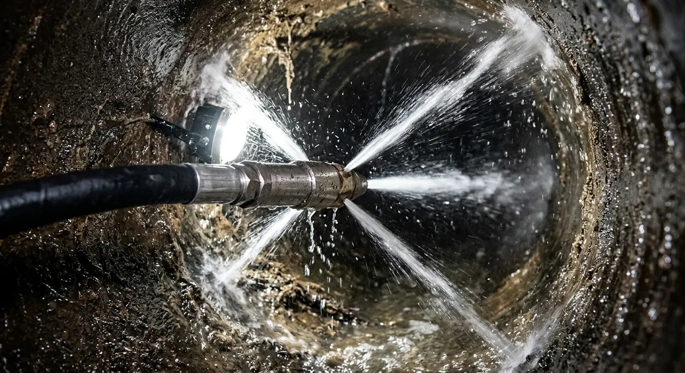 High-pressure hydro jetting nozzle cleaning sewer pipe for Trenchless Sewer Repair in Bensenville