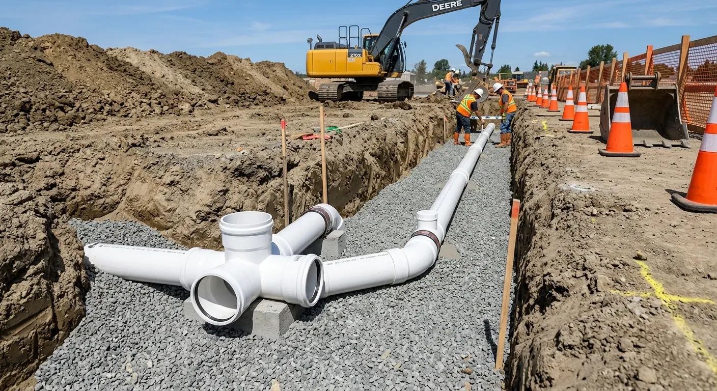 New PVC sewer pipe installation in open trench for Commercial Drain Cleaning in Bensenville