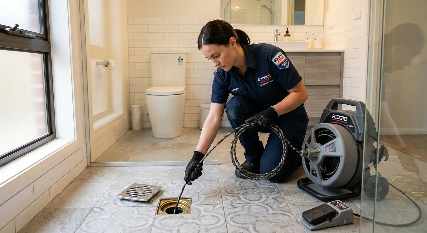 Technician clearing a bathroom floor drain for Clogged Drain Repair in Bensenville